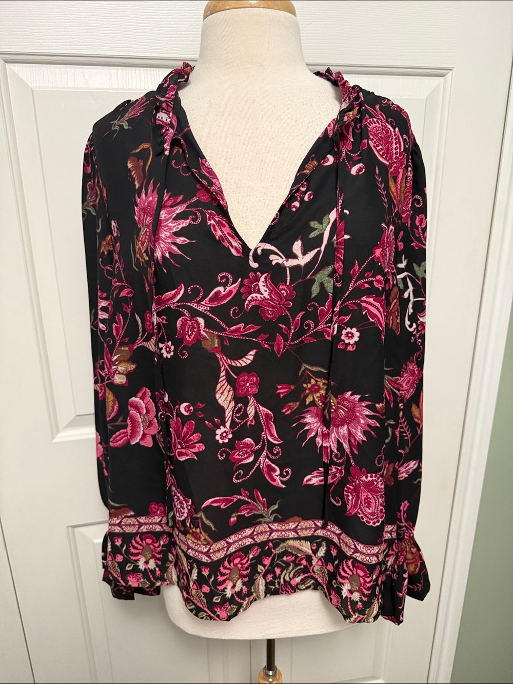 INC International Concepts Black Blouse with Fuchsia Floral Print